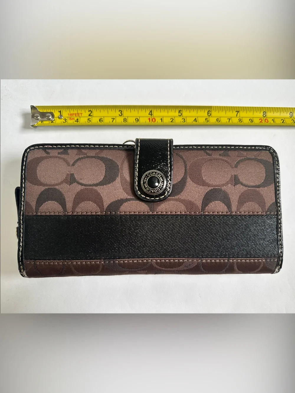 Coach Brown Signature Wallet Zip Around Black Stripe Zipper